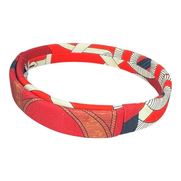 HERMES Headband Made in France One Size Fits All Hairband Wine Red White Navy main image 4